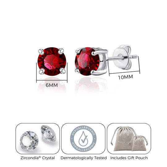 Dark Red Stud Earrings Created with Zircondia® Crystals - Philip Jones Jewellery