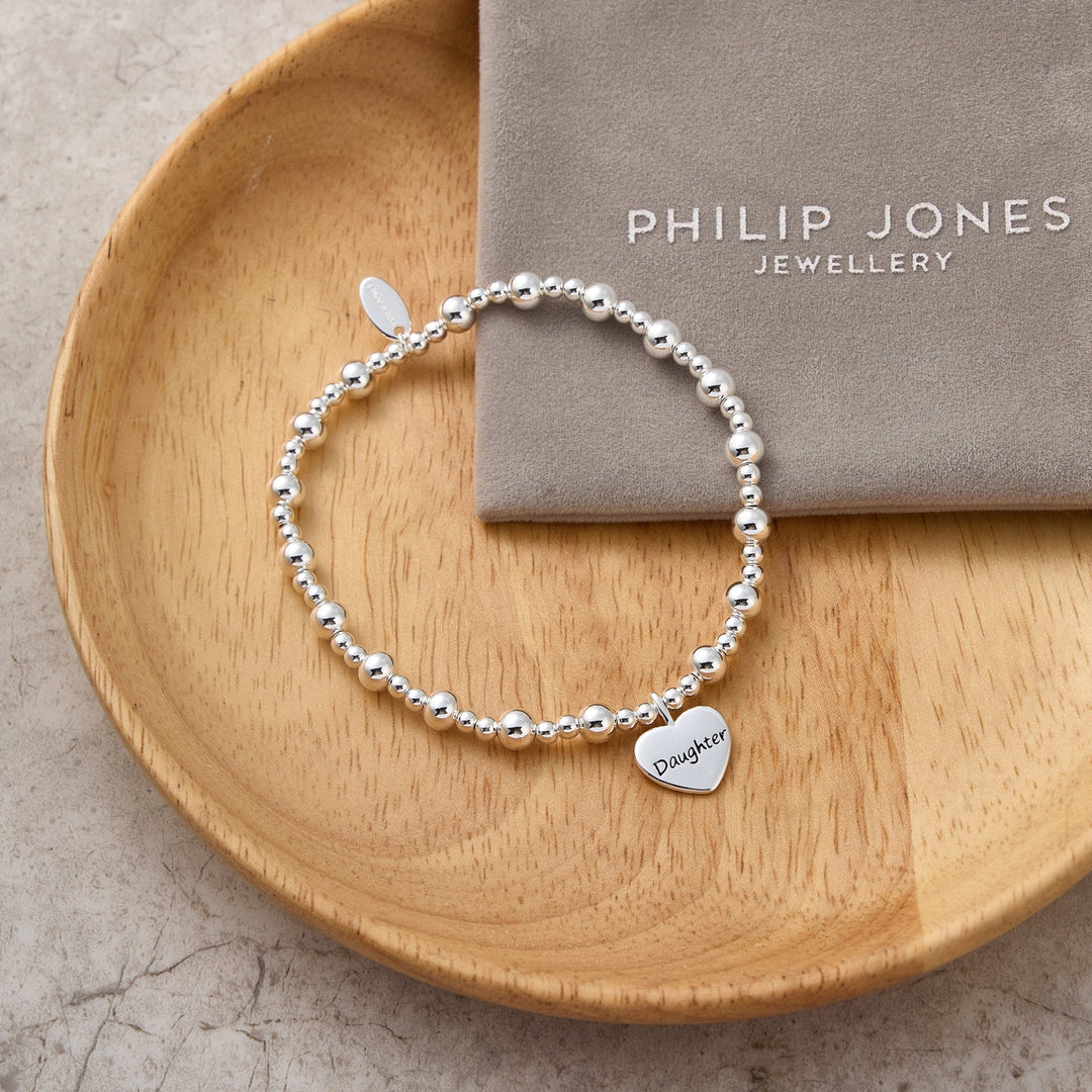 Daughter Heart Charm Beaded Stretch Bracelet - Philip Jones Jewellery
