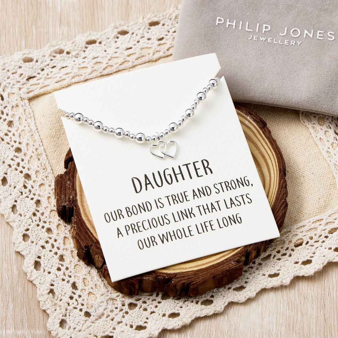 Daughter Heart Link Beaded Stretch Bracelet with Quote Card - Philip Jones Jewellery