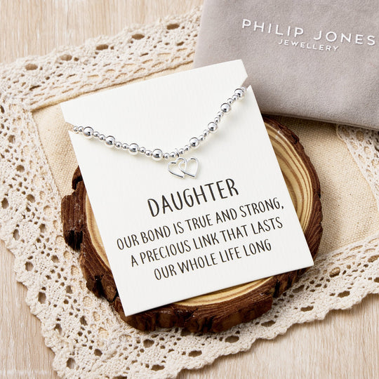 Daughter Heart Link Beaded Stretch Bracelet with Quote Card - Philip Jones Jewellery
