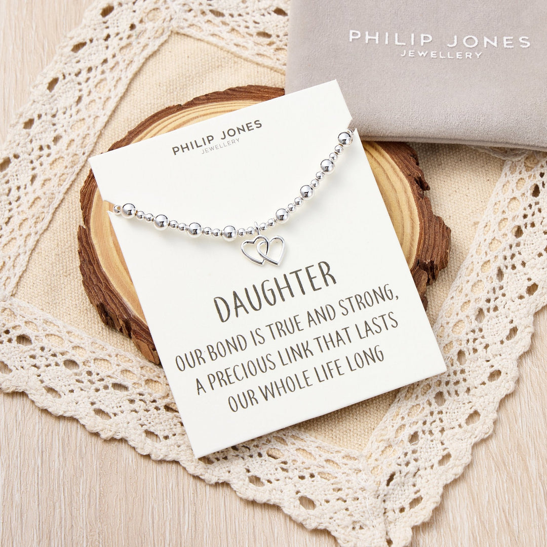 Daughter Heart Link Beaded Stretch Bracelet with Quote Card