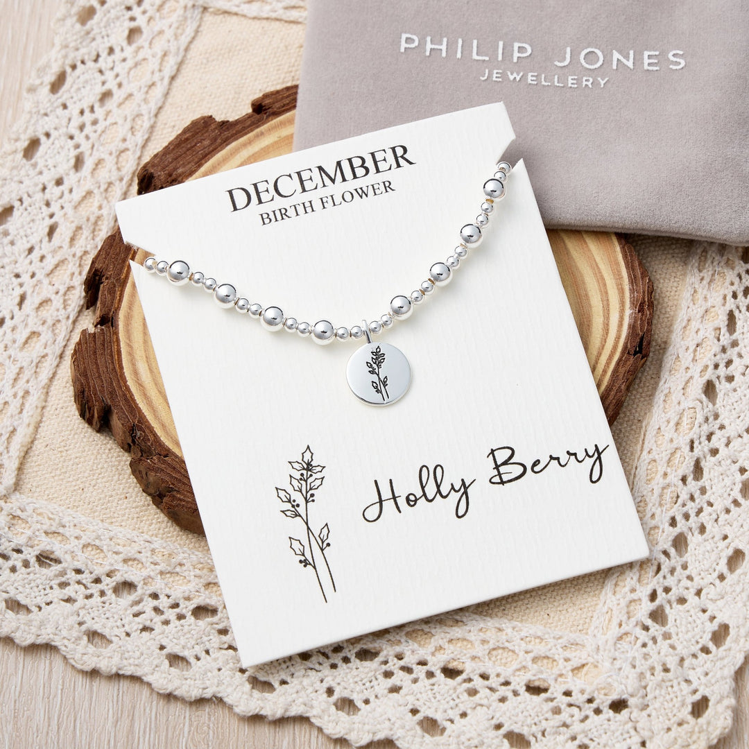 December Birth Flower Holly Berry Beaded Stretch Bracelet