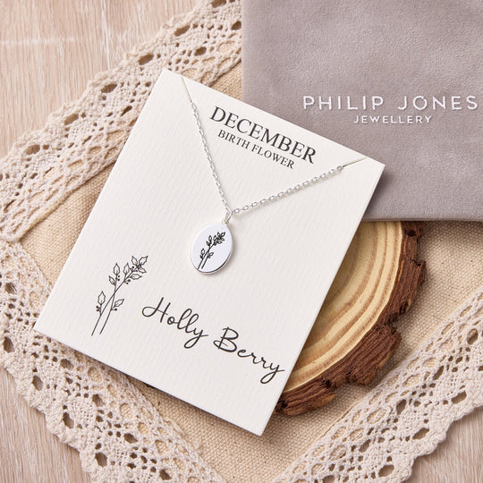 December Birth Flower Holly Berry Necklace with Card - Philip Jones Jewellery