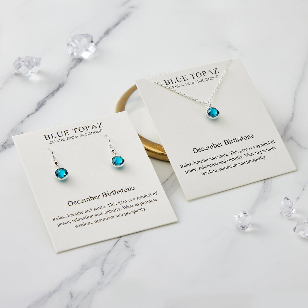 December (Blue Topaz) Birthstone Necklace & Drop Earrings Set Created with Zircondia® Crystals - Philip Jones Jewellery