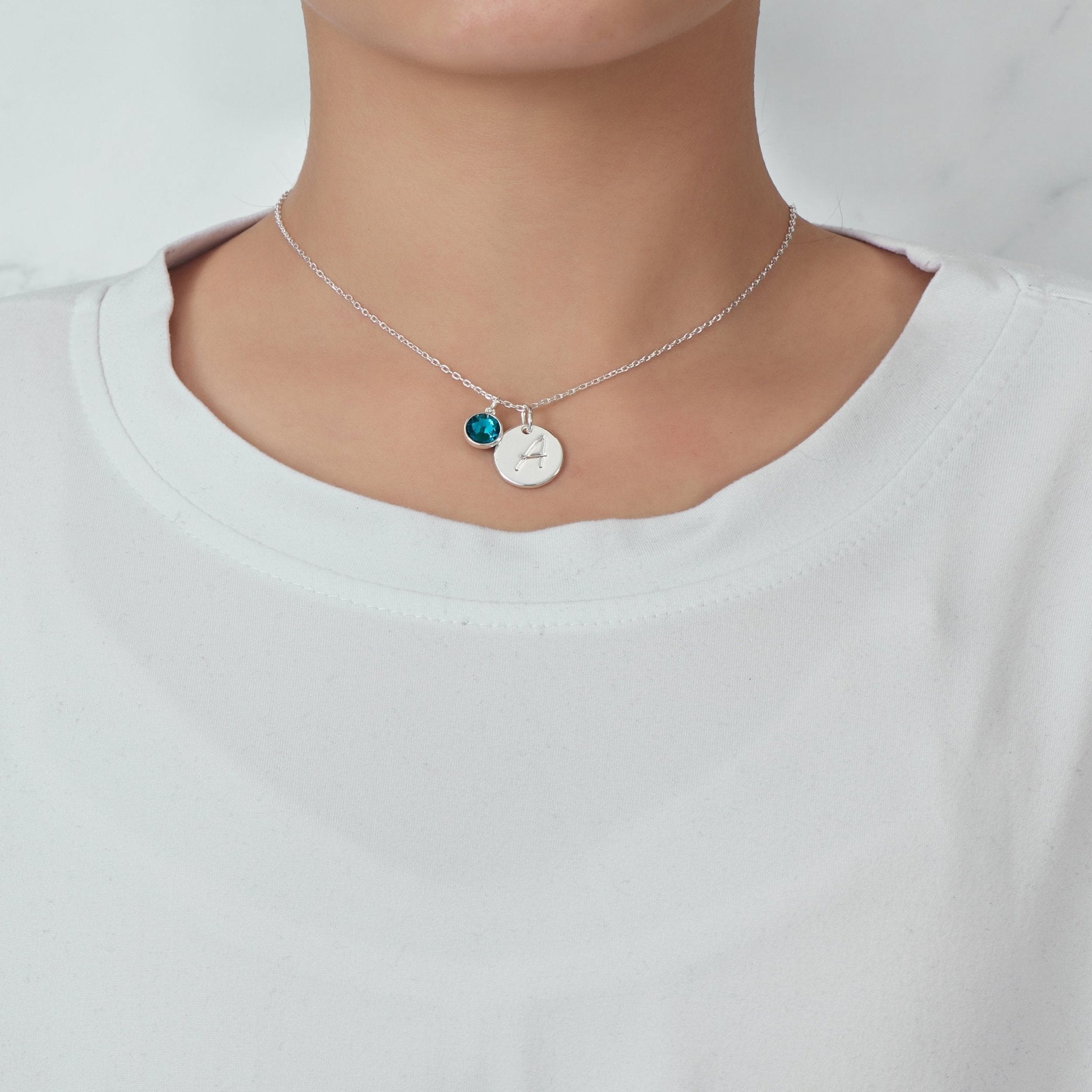 December (Blue Topaz) Birthstone Necklace with Initial Charm (A to Z) Created with Zircondia® Crystals - Philip Jones Jewellery