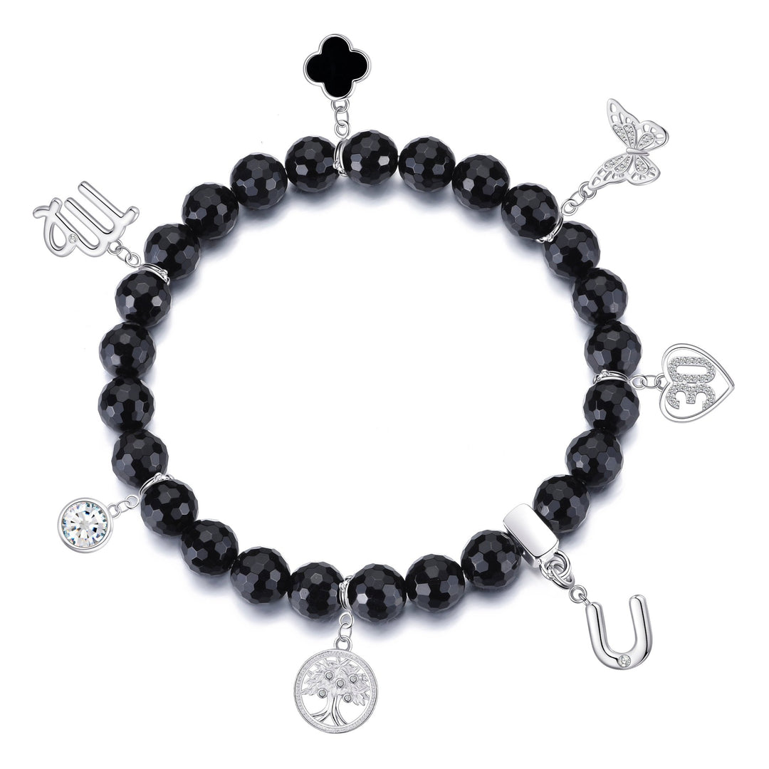 Faceted Black Onyx Gemstone Stretch Bracelet with Choice of Charms - Philip Jones Jewellery