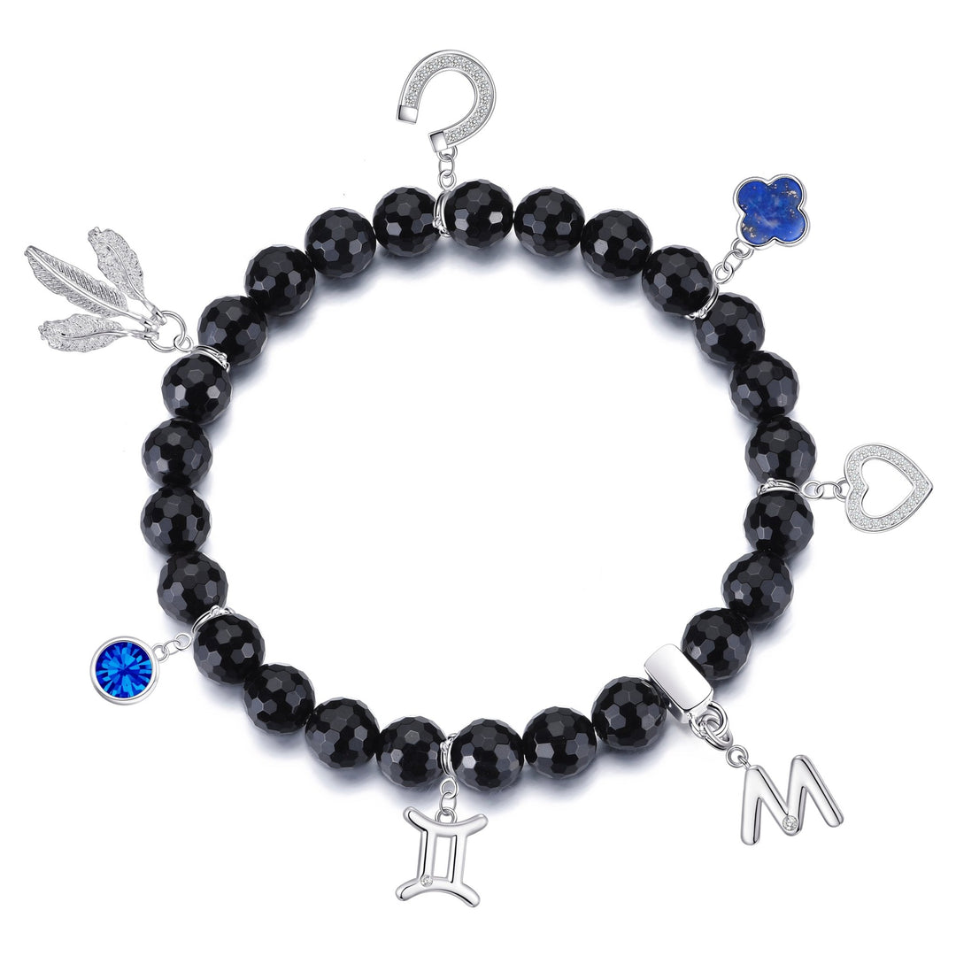 Faceted Black Onyx Gemstone Stretch Bracelet with Choice of Charms - Philip Jones Jewellery