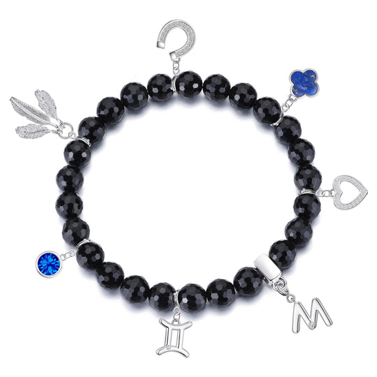Faceted Black Onyx Gemstone Stretch Bracelet with Choice of Charms - Philip Jones Jewellery