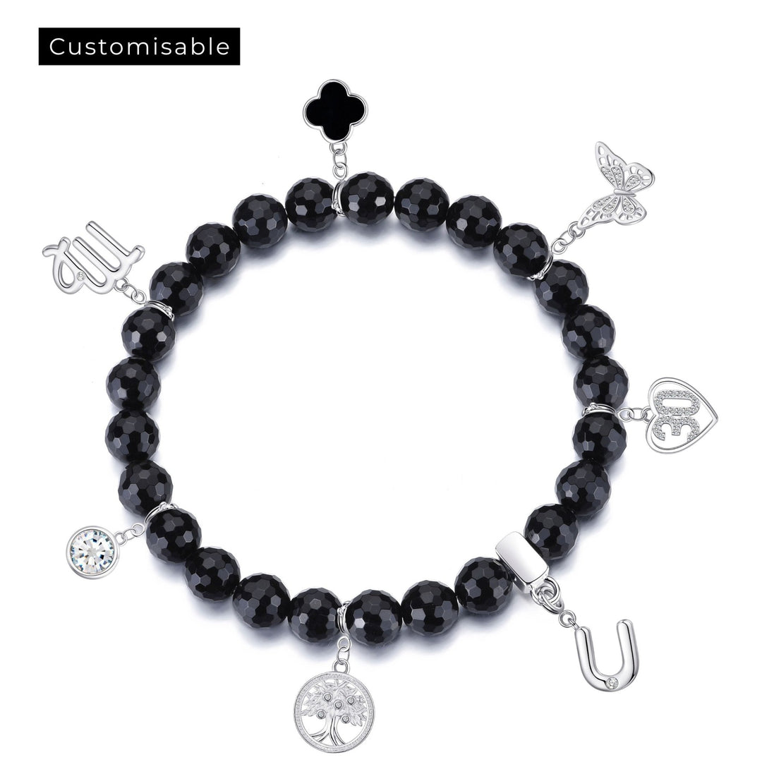 Faceted Black Onyx Gemstone Stretch Bracelet with Choice of Charms - Philip Jones Jewellery