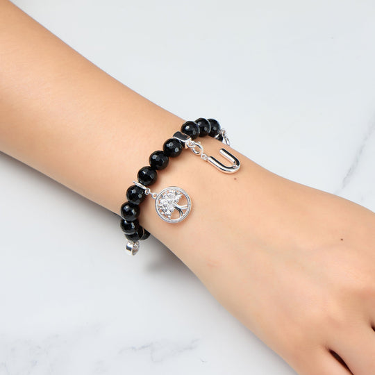 Faceted Black Onyx Gemstone Stretch Bracelet with Option of Charms - Philip Jones Jewellery
