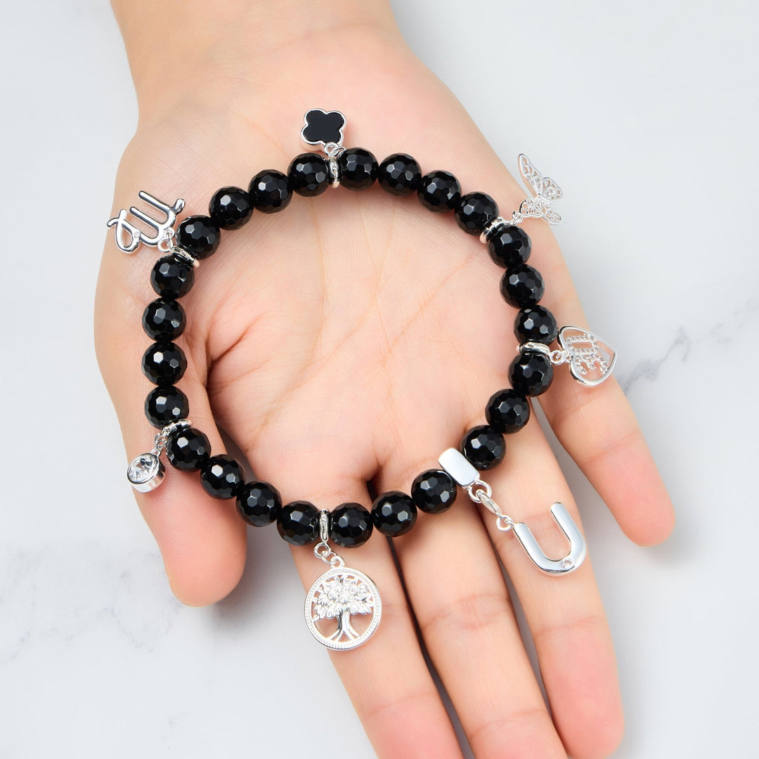 Faceted Black Onyx Gemstone Stretch Bracelet with Option of Charms - Philip Jones Jewellery
