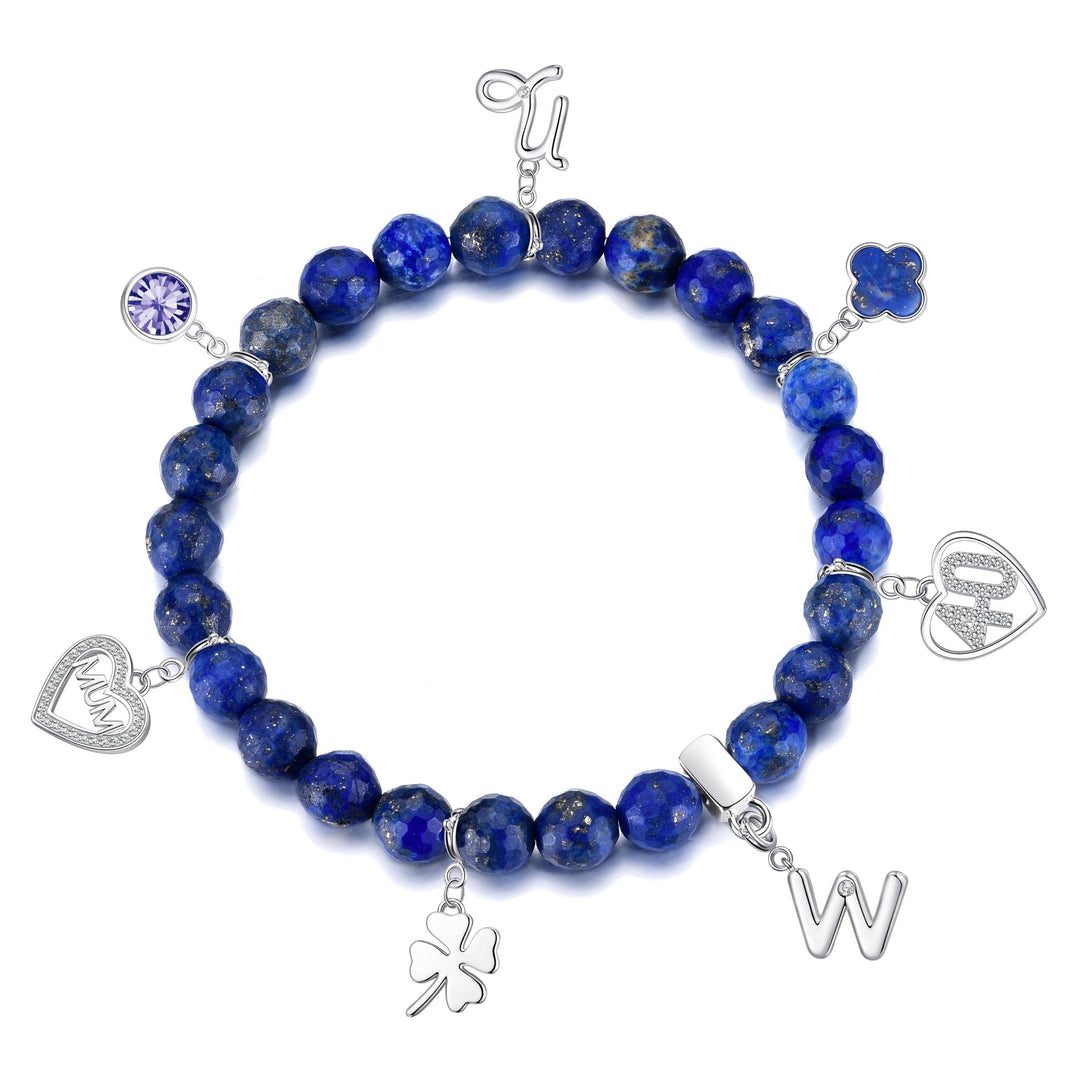 Faceted Lapis Lazuli Gemstone Stretch Bracelet with Choice of Charms - Philip Jones Jewellery