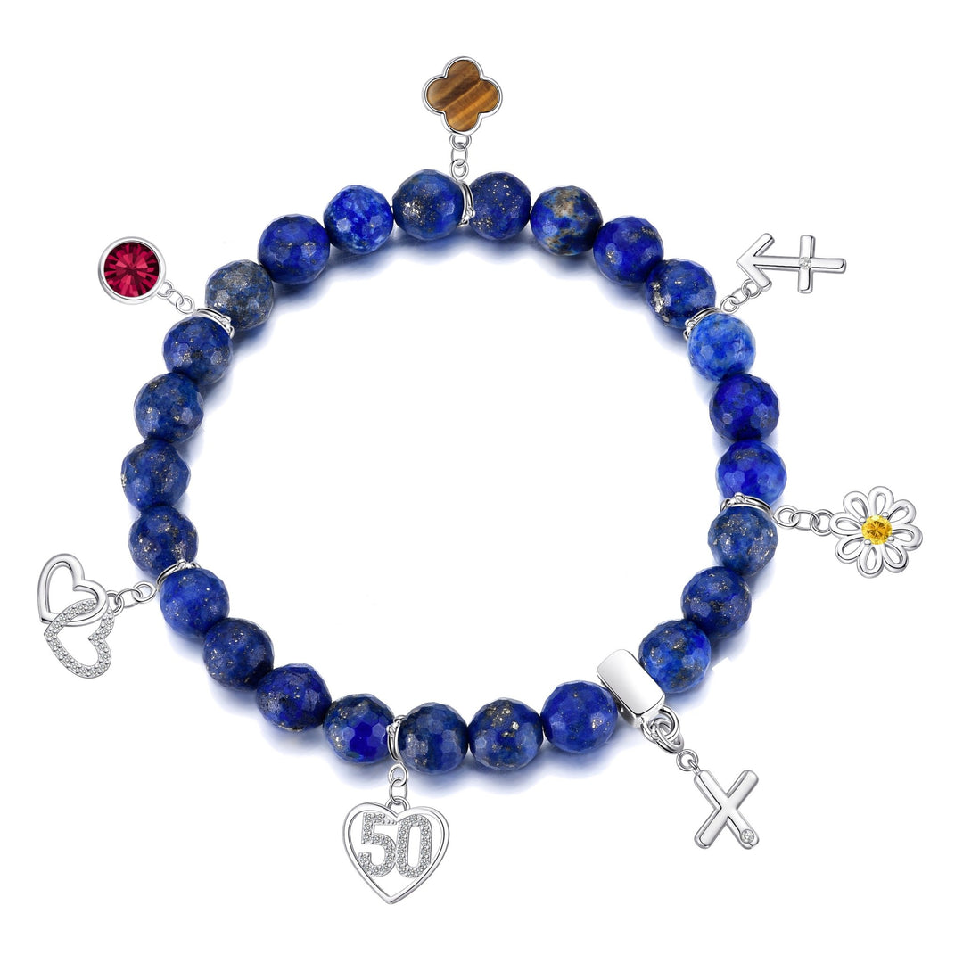 Faceted Lapis Lazuli Gemstone Stretch Bracelet with Choice of Charms - Philip Jones Jewellery