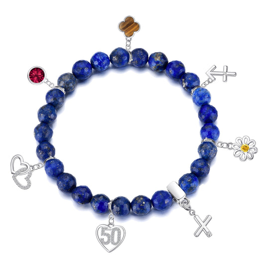 Faceted Lapis Lazuli Gemstone Stretch Bracelet with Choice of Charms - Philip Jones Jewellery