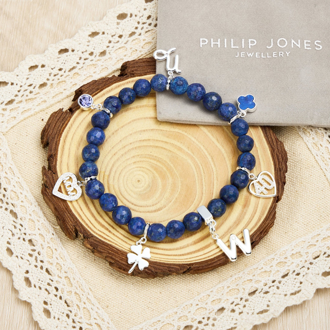 Faceted Lapis Lazuli Gemstone Stretch Bracelet with Option of Charms - Philip Jones Jewellery