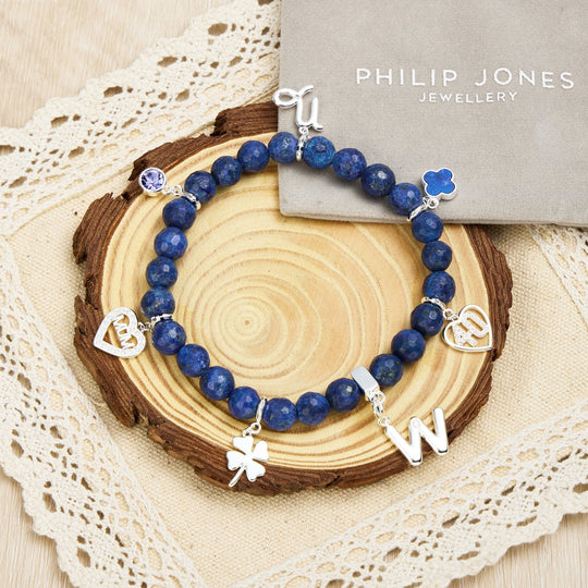 Faceted Lapis Lazuli Gemstone Stretch Bracelet with Option of Charms - Philip Jones Jewellery