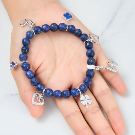 Faceted Lapis Lazuli Gemstone Stretch Bracelet with Option of Charms - Philip Jones Jewellery