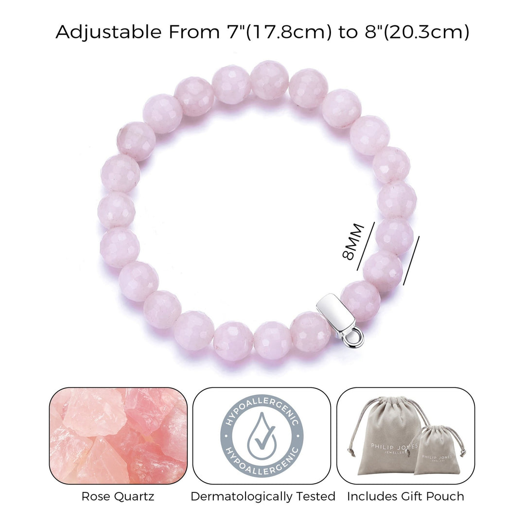Faceted Rose Quartz Gemstone Charm Stretch Bracelet - Philip Jones Jewellery