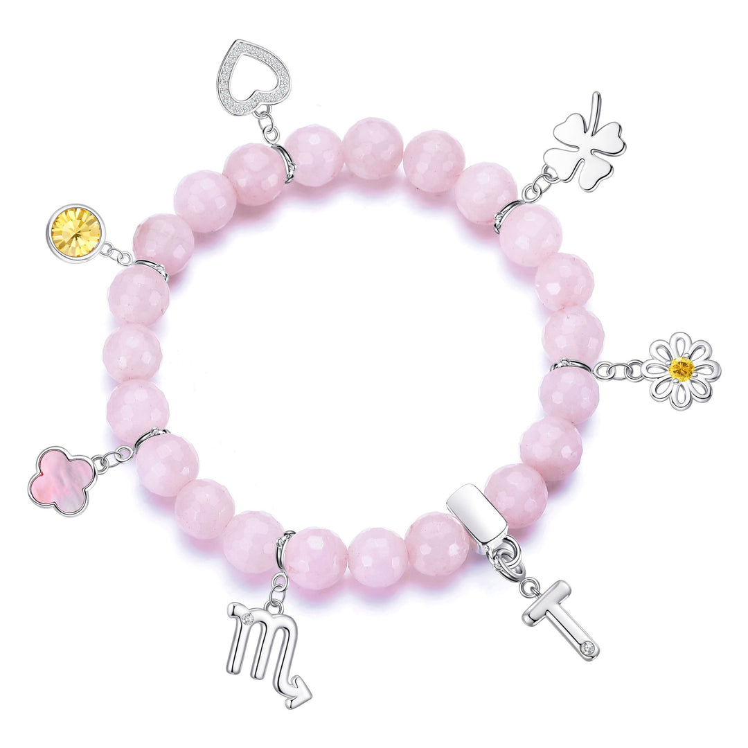 Faceted Rose Quartz Gemstone Stretch Bracelet with Choice of Charms - Philip Jones Jewellery