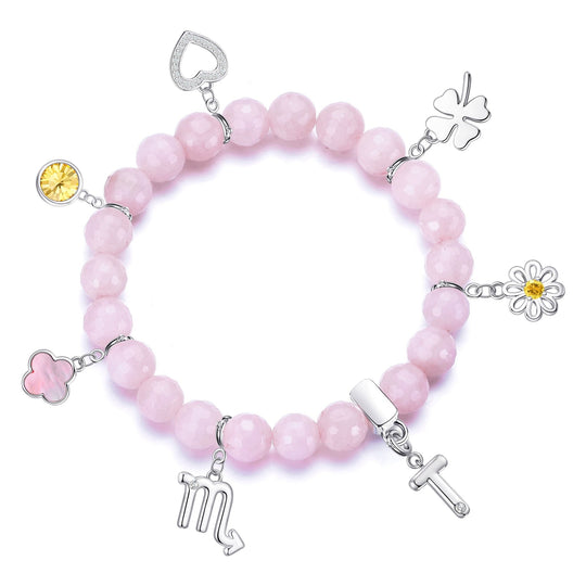 Faceted Rose Quartz Gemstone Stretch Bracelet with Choice of Charms - Philip Jones Jewellery