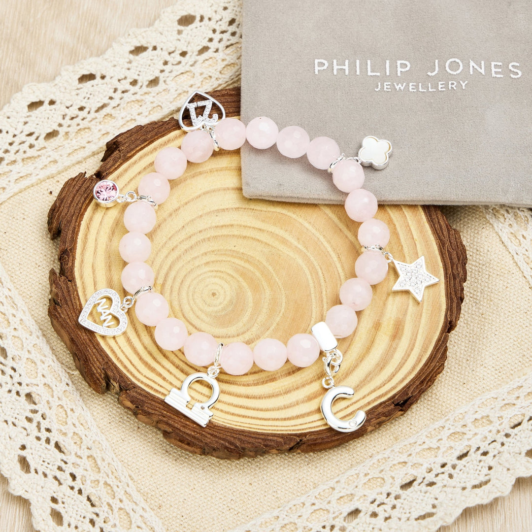 Faceted Rose Quartz Gemstone Stretch Bracelet with Option of Charms - Philip Jones Jewellery