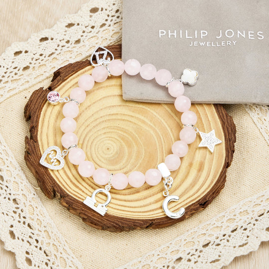 Faceted Rose Quartz Gemstone Stretch Bracelet with Option of Charms - Philip Jones Jewellery