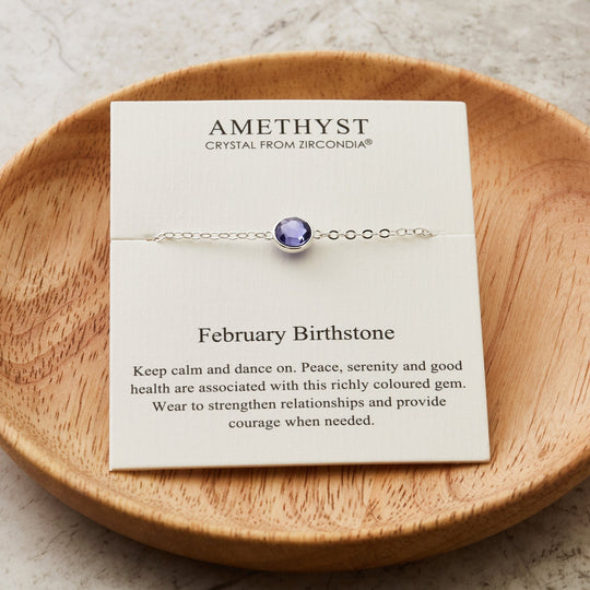 February (Amethyst) Birthstone Anklet Created with Zircondia® Crystals - Philip Jones Jewellery