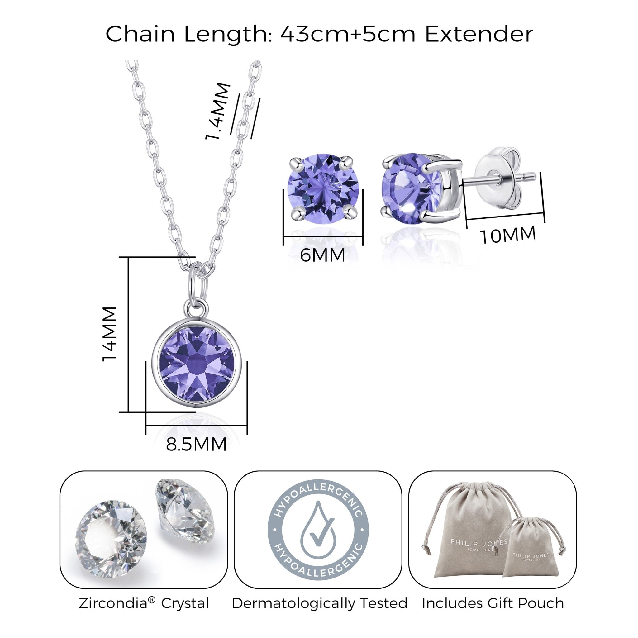 February (Amethyst) Birthstone Necklace & Earrings Set Created with Zircondia® Crystals - Philip Jones Jewellery