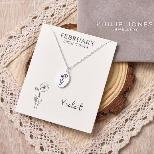 February Birth Flower Violet Necklace with Card - Philip Jones Jewellery
