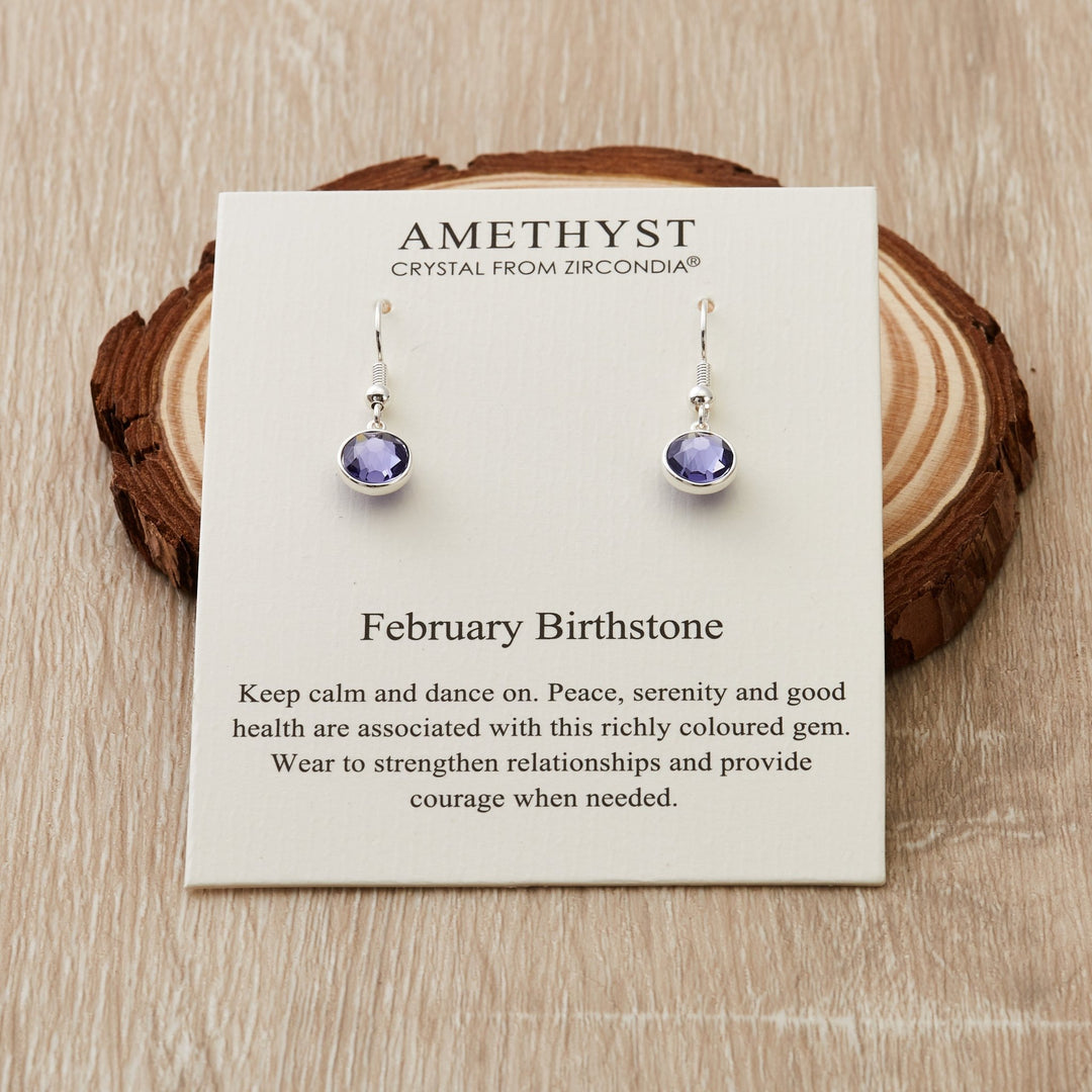 February Birthstone Drop Earrings Created with Amethyst Zircondia® Crystals - Philip Jones Jewellery