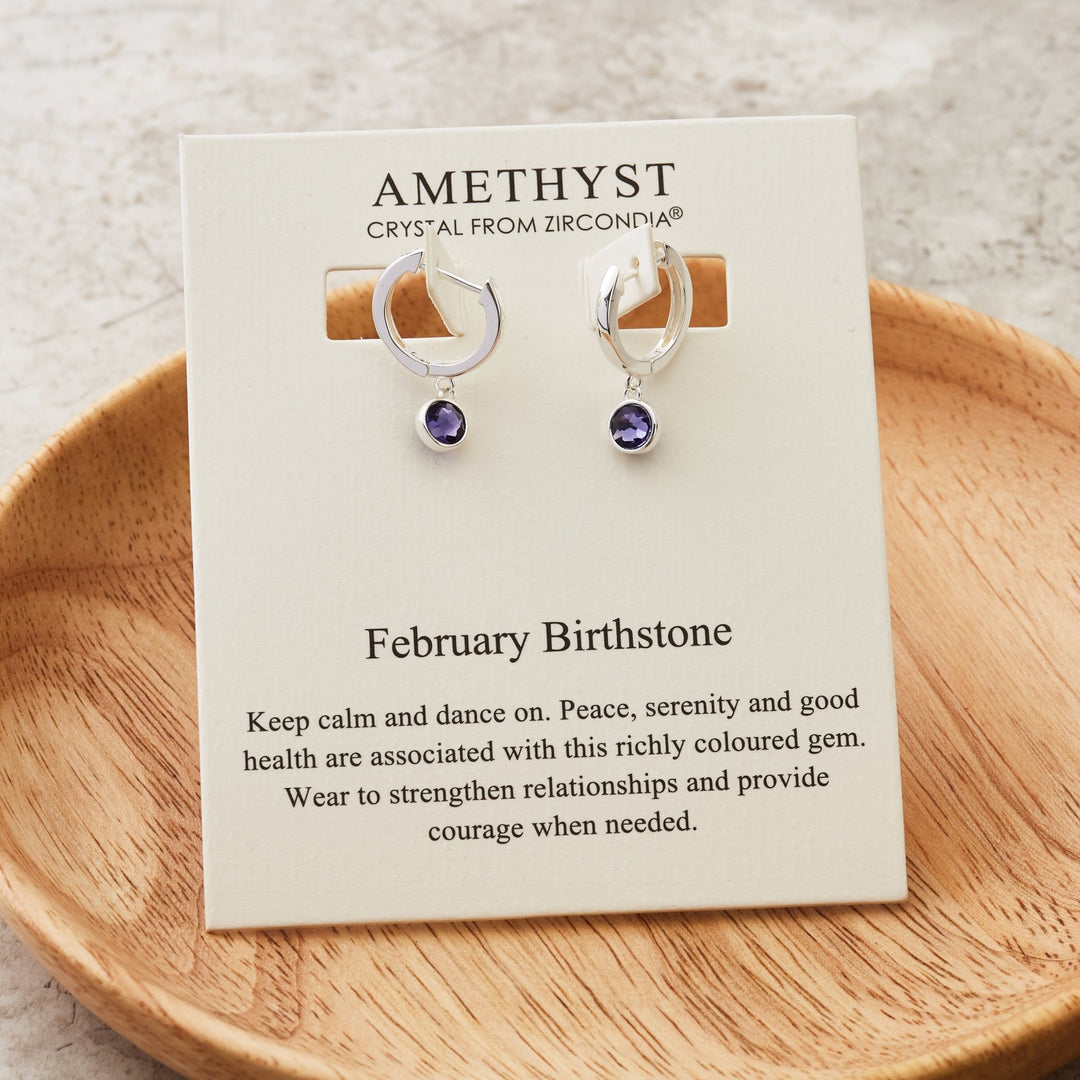 February Birthstone Hoop Earrings Created with Amethyst Zircondia® Crystals - Philip Jones Jewellery
