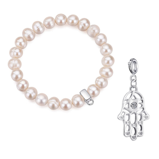 Freshwater Baroque Pearl Stretch Bracelet with Charm Created with Zircondia® Crystals - Philip Jones Jewellery