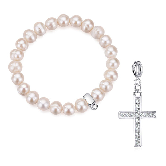 Freshwater Baroque Pearl Stretch Bracelet with Charm Created with Zircondia® Crystals - Philip Jones Jewellery