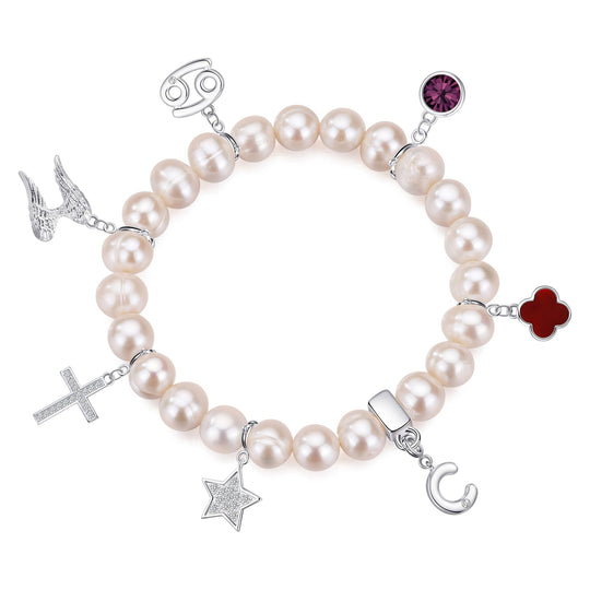 Freshwater Baroque Pearl Stretch Bracelet with Choice of Charms - Philip Jones Jewellery