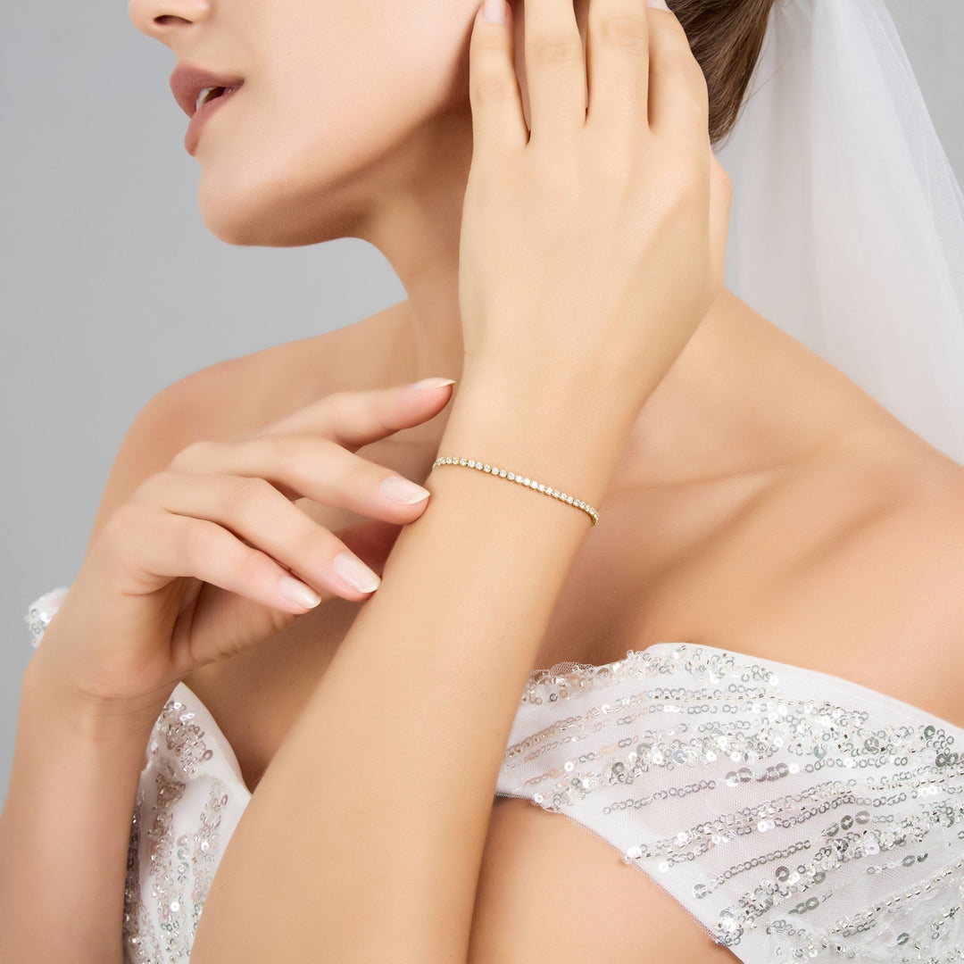 Gold Plated 2mm Adjustable Tennis Bridal Bracelet Created with Zircondia® Crystals - Philip Jones Jewellery