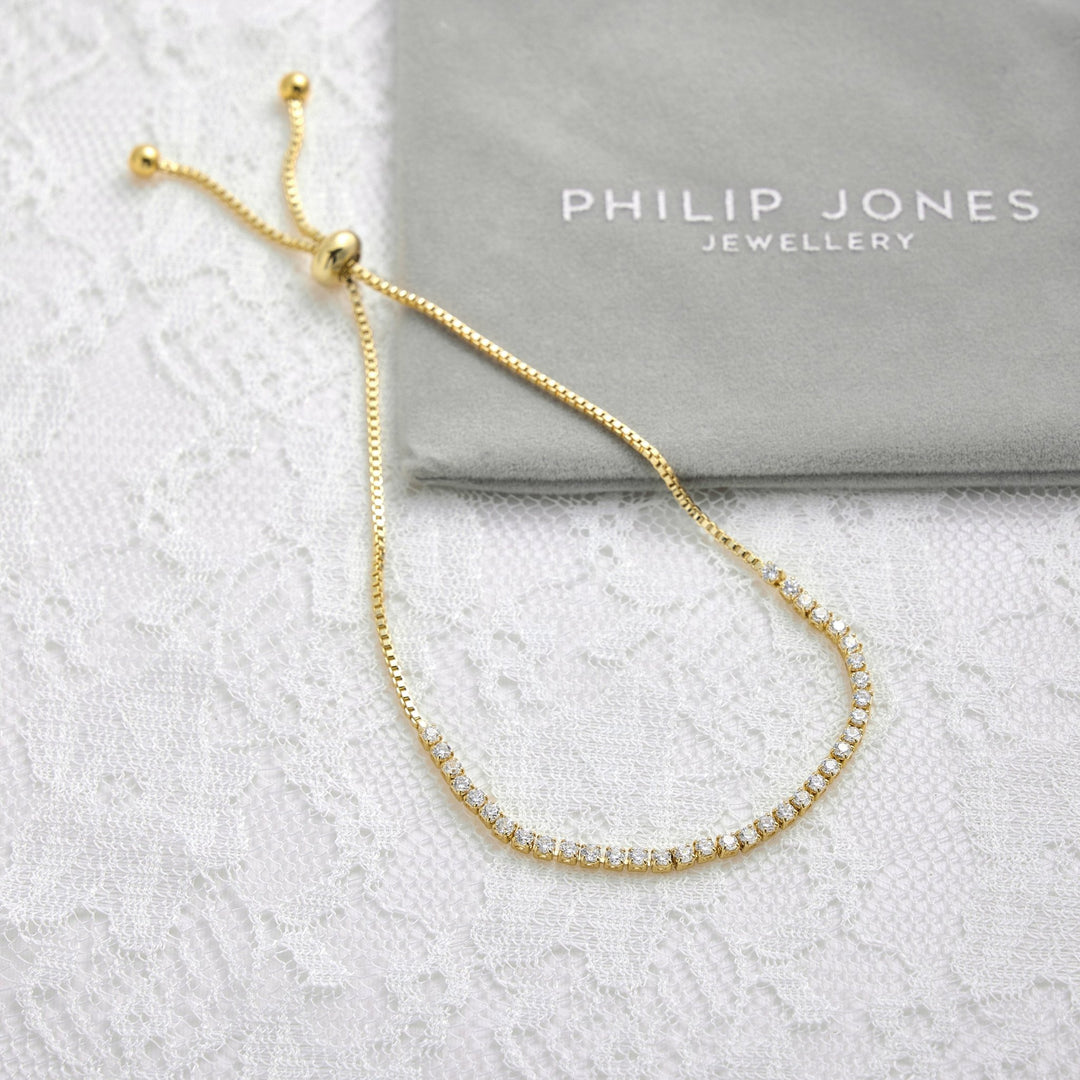 Gold Plated 2mm Adjustable Tennis Bridal Bracelet Created with Zircondia® Crystals - Philip Jones Jewellery