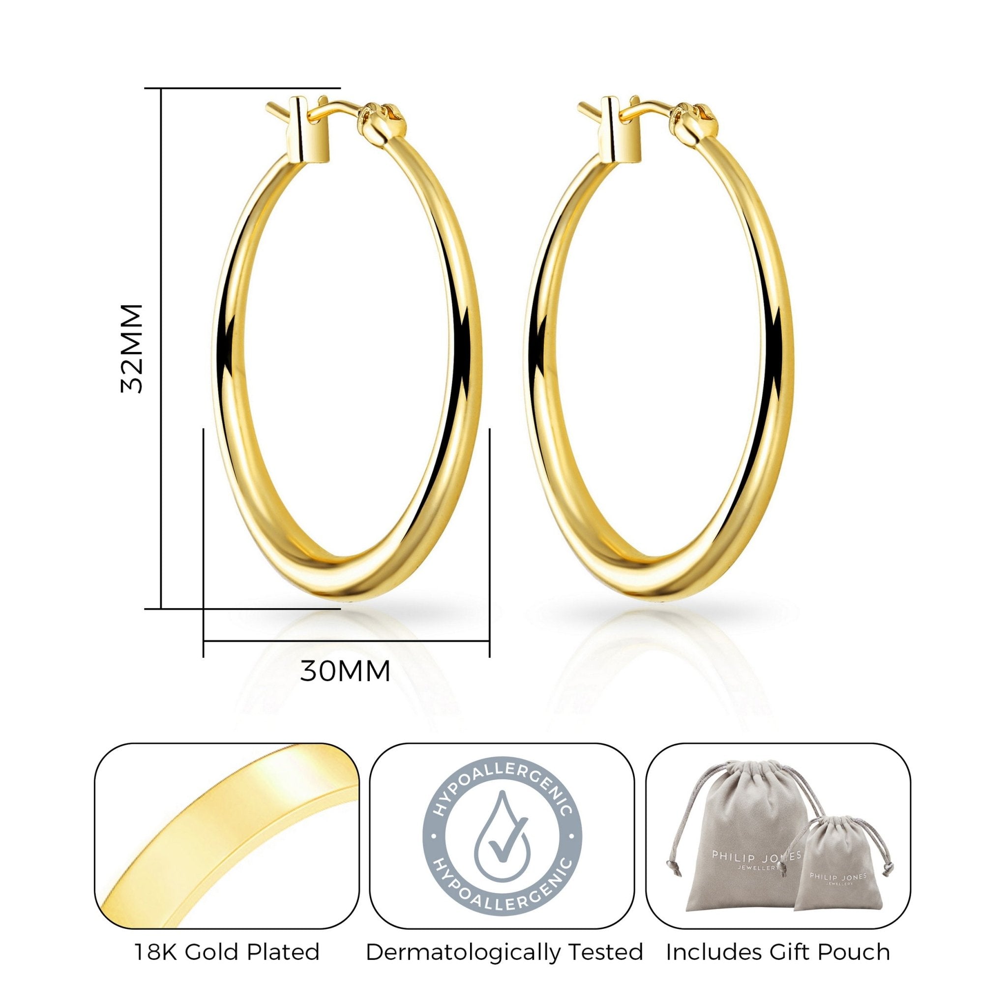 Gold Plated 30mm Hoop Earrings - Philip Jones Jewellery