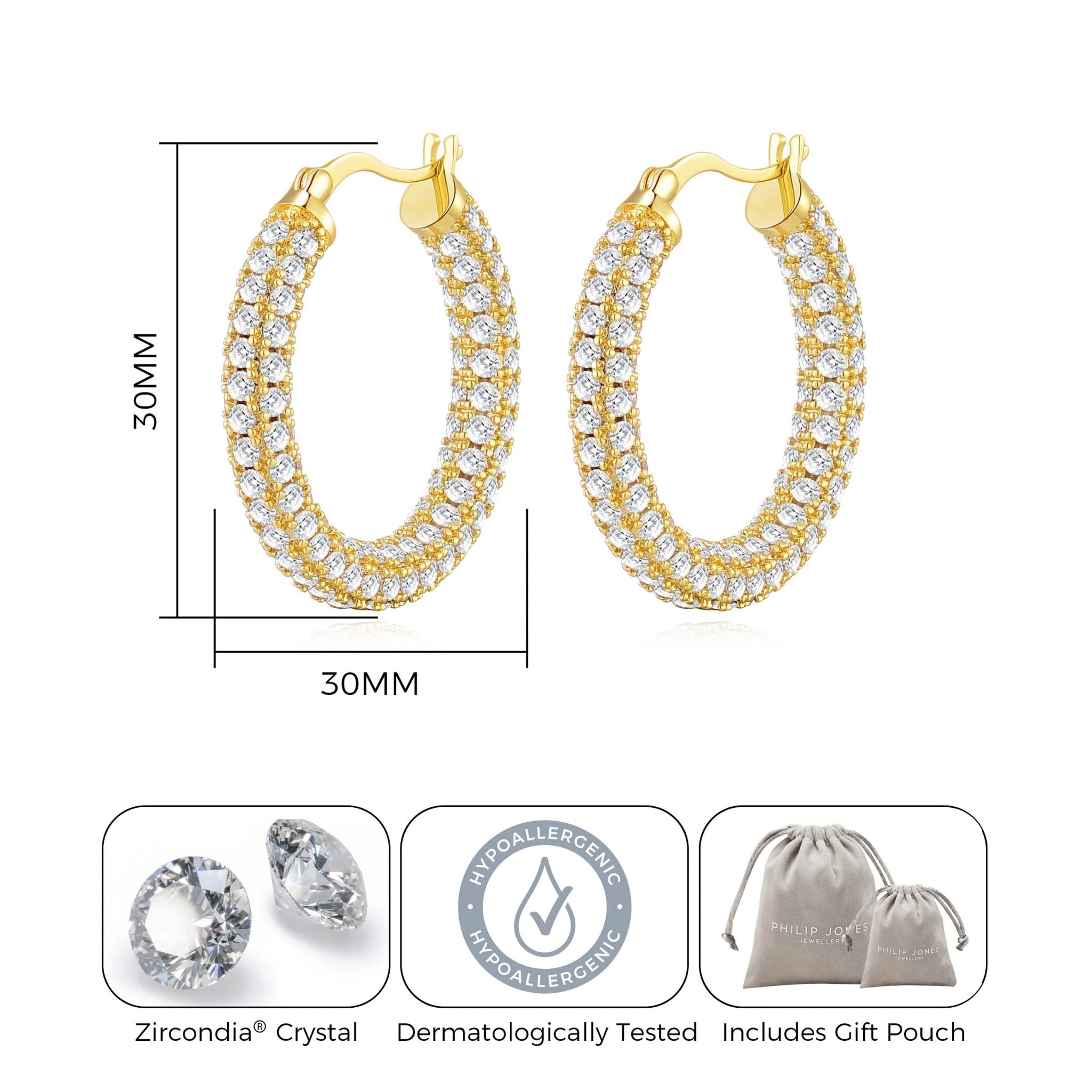 Gold Plated 30mm Pave Hoop Earrings Created with Zircondia® Crystals - Philip Jones Jewellery