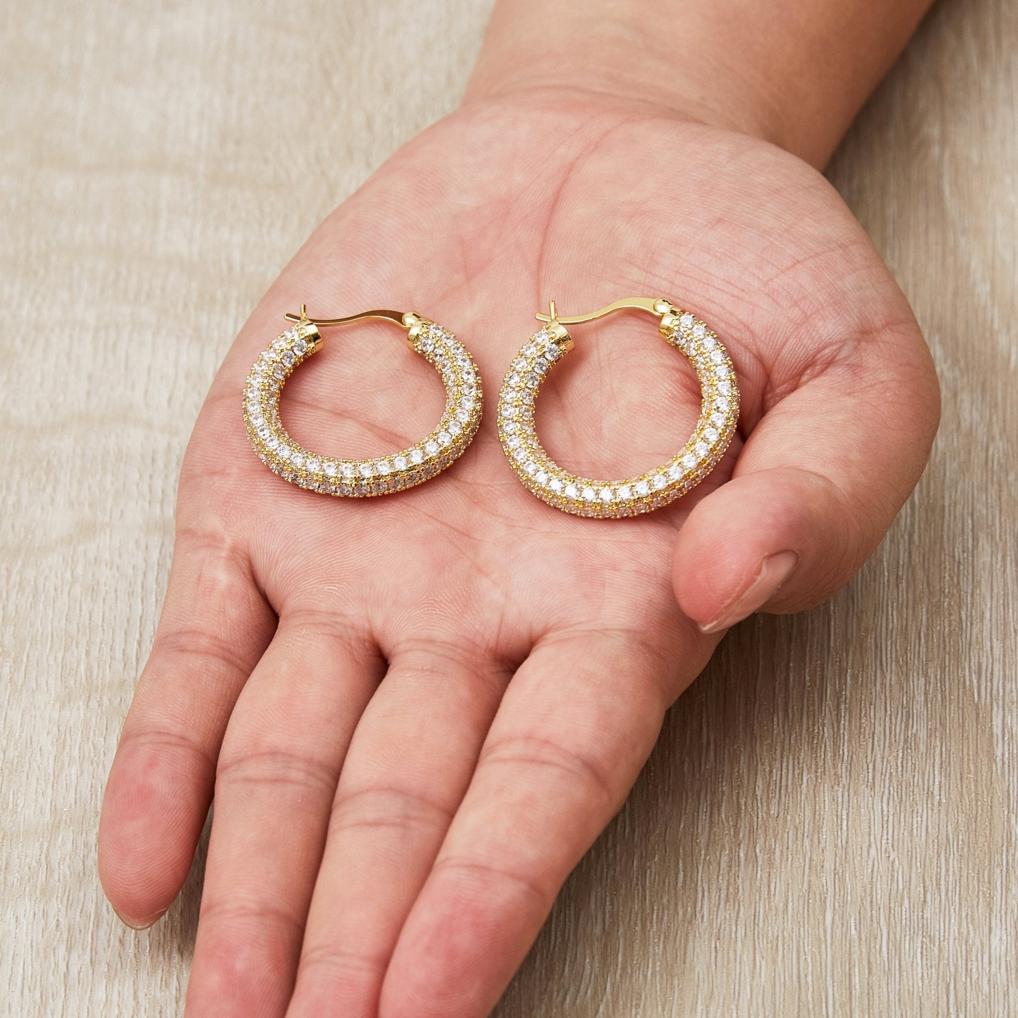 Gold Plated 30mm Pave Hoop Earrings Created with Zircondia® Crystals - Philip Jones Jewellery