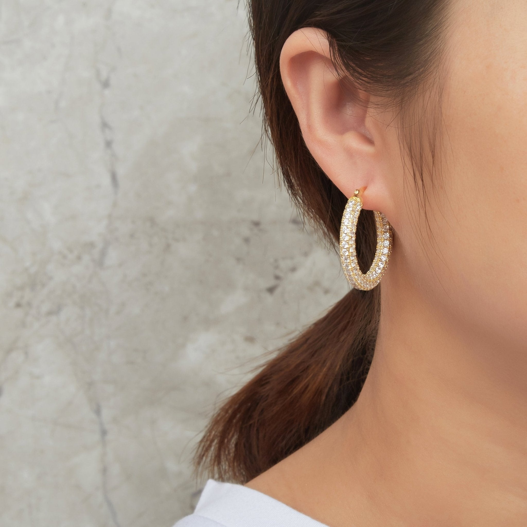 Gold Plated 30mm Pave Hoop Earrings Created with Zircondia® Crystals - Philip Jones Jewellery