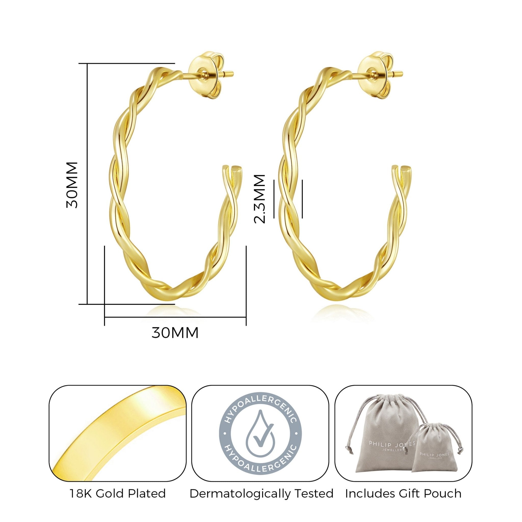 Gold Plated 30mm Twisted Hoop Earrings - Philip Jones Jewellery