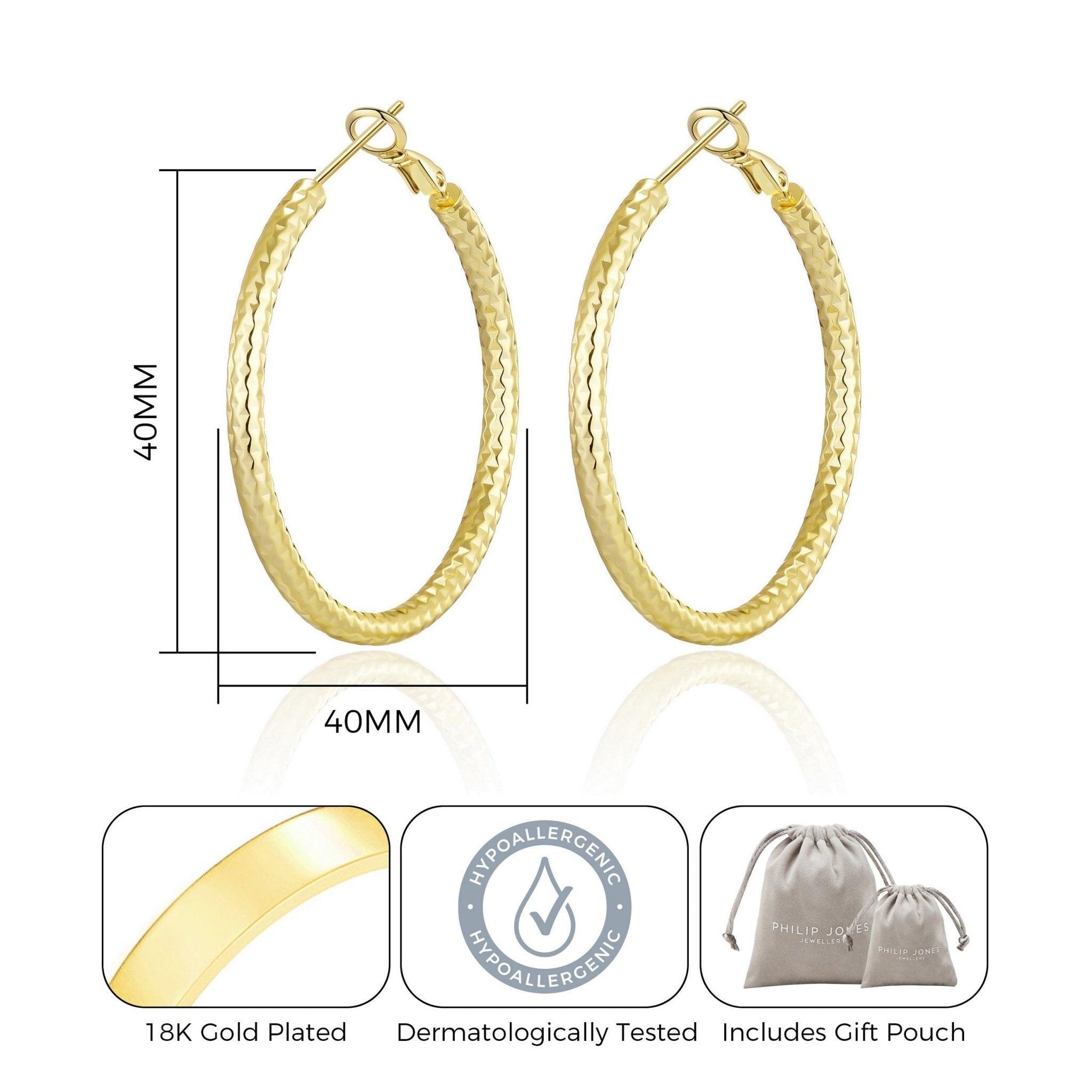 Gold Plated 40mm Diamond Cut Hoop Earrings - Philip Jones Jewellery