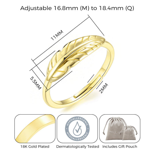 Gold Plated Adjustable Feather Ring - Philip Jones Jewellery
