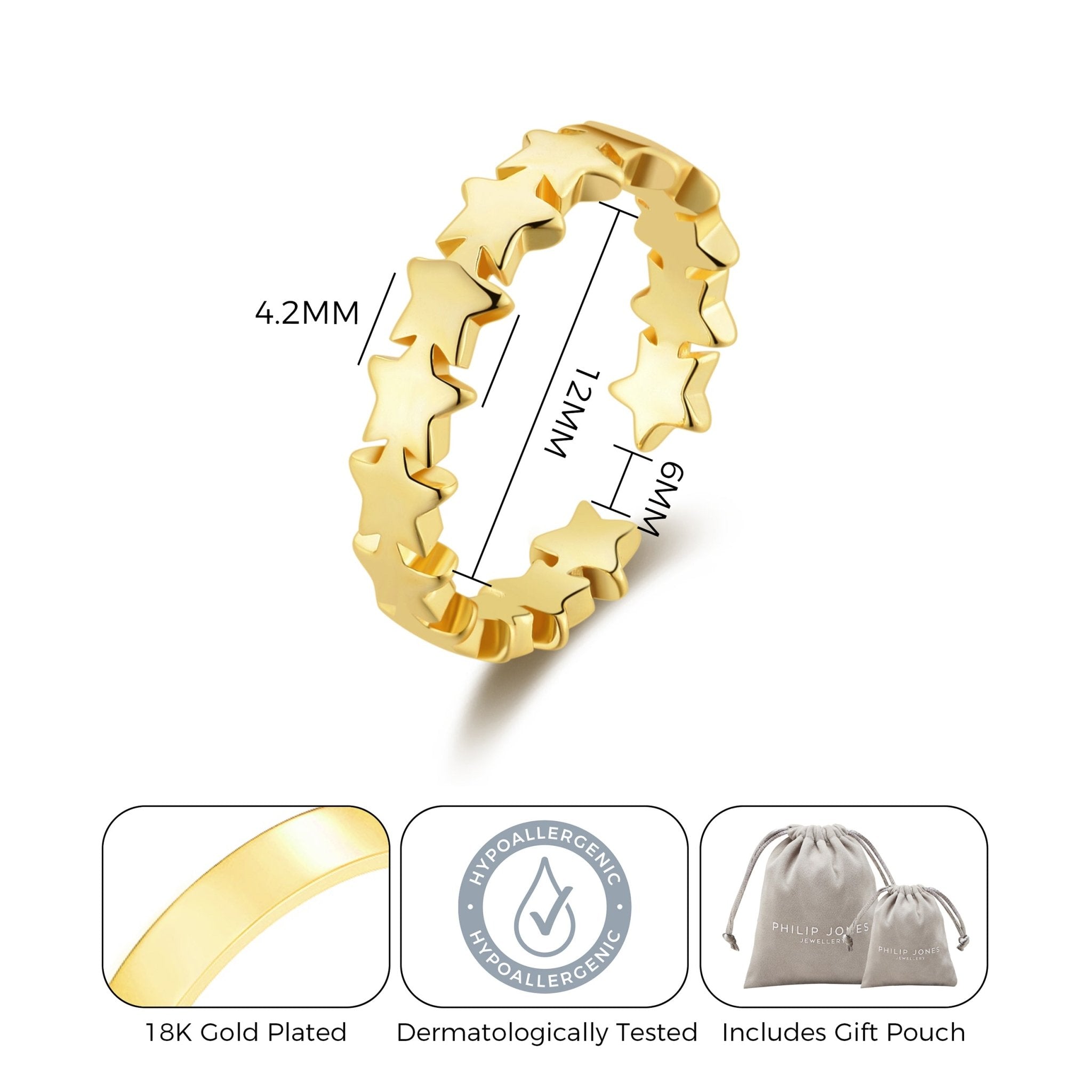 Gold Plated Adjustable Star Band Ring - Philip Jones Jewellery