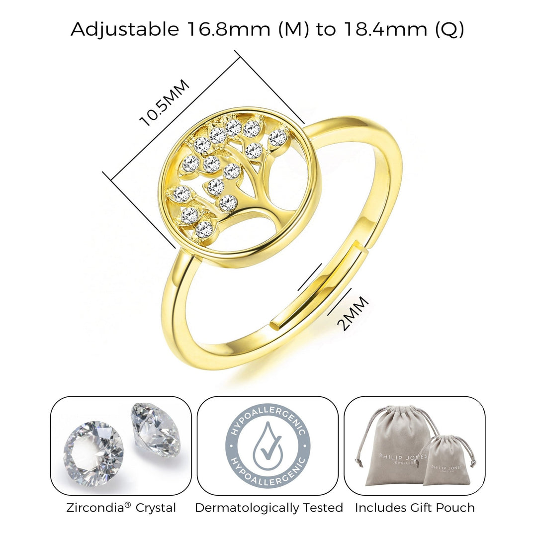 Gold Plated Adjustable Tree of Life Ring Created with Zircondia® Crystals - Philip Jones Jewellery