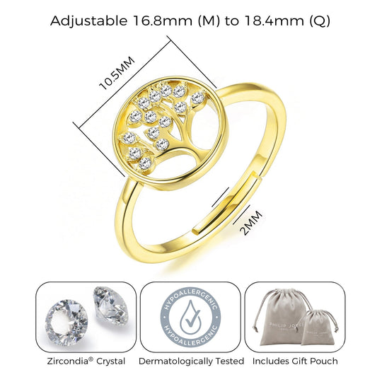 Gold Plated Adjustable Tree of Life Ring Created with Zircondia® Crystals - Philip Jones Jewellery