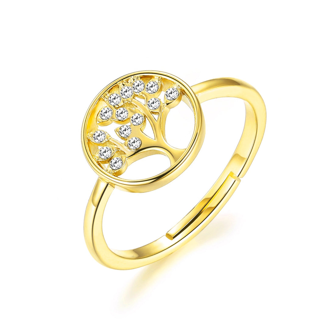 Gold Plated Adjustable Tree of Life Ring Created with Zircondia® Crystals - Philip Jones Jewellery