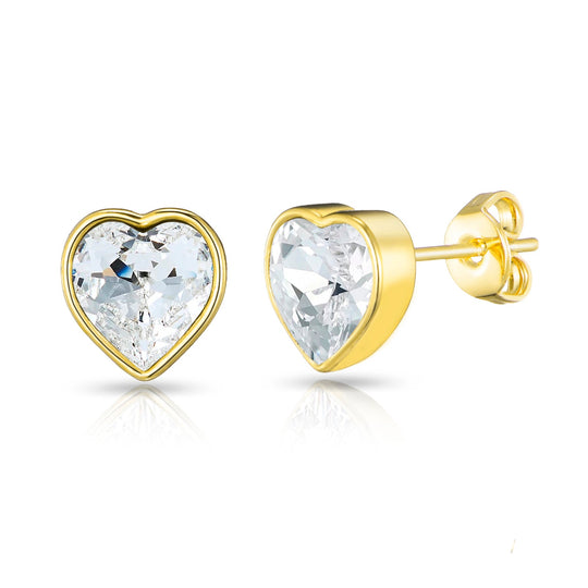 Gold Plated Bezel set Heart Earrings Created with Zircondia® Crystals - Philip Jones Jewellery
