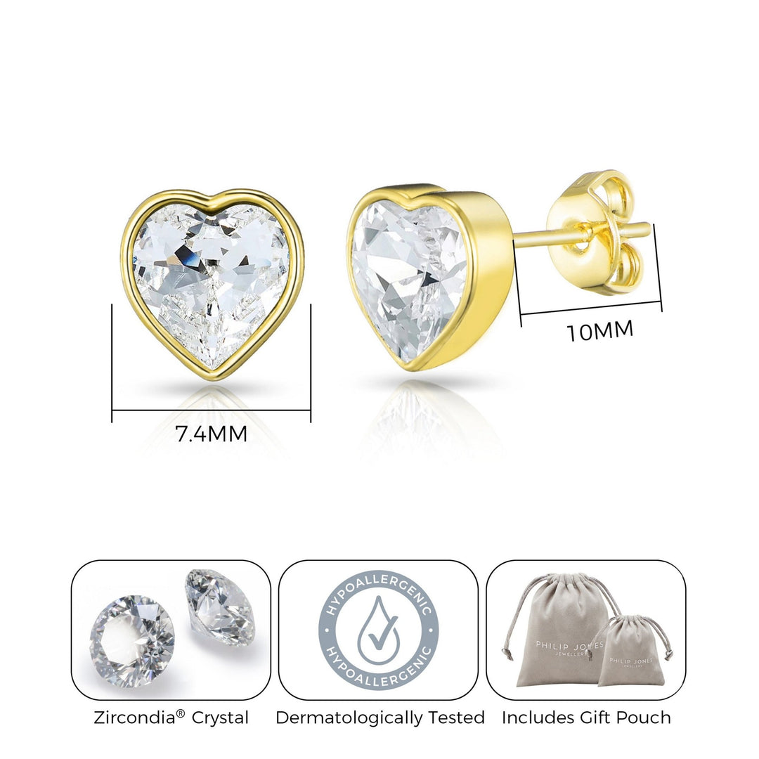 Gold Plated Bezel set Heart Earrings Created with Zircondia® Crystals - Philip Jones Jewellery