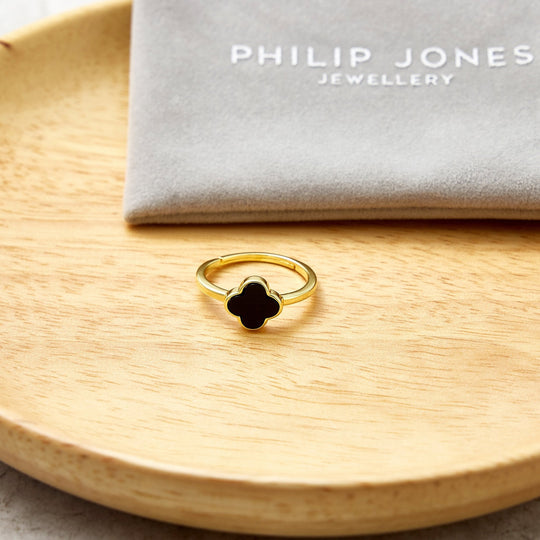 Gold Plated Black Onyx Gemstone Adjustable Clover Ring - Philip Jones Jewellery